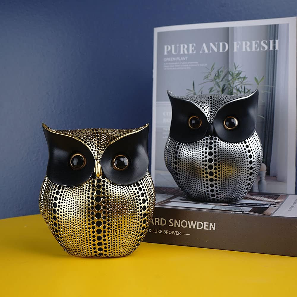 Owl Statue Decor Small Crafted Figurines for Home Decor Accents, Living Room Bedroom Office Decoration, Book Shelf TV Stand Decor - Animal Sculptures Collection (Black Gold + Black)