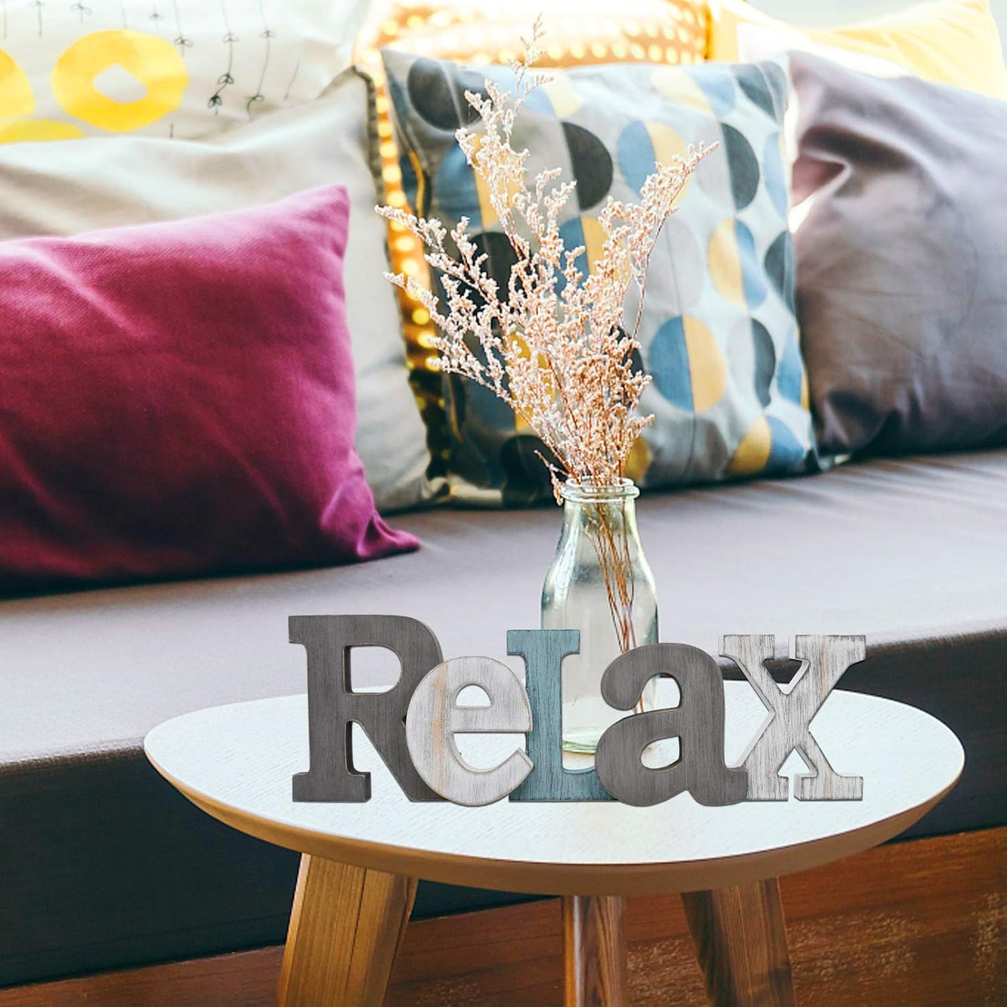Rustic Wood Home Sign Décor, Decorative Block Word Sign Home Letters Sign, Hanging Wooden Home Cutout Word Sign Wall Décor Home Wall Decoration (Welcome + Relax)