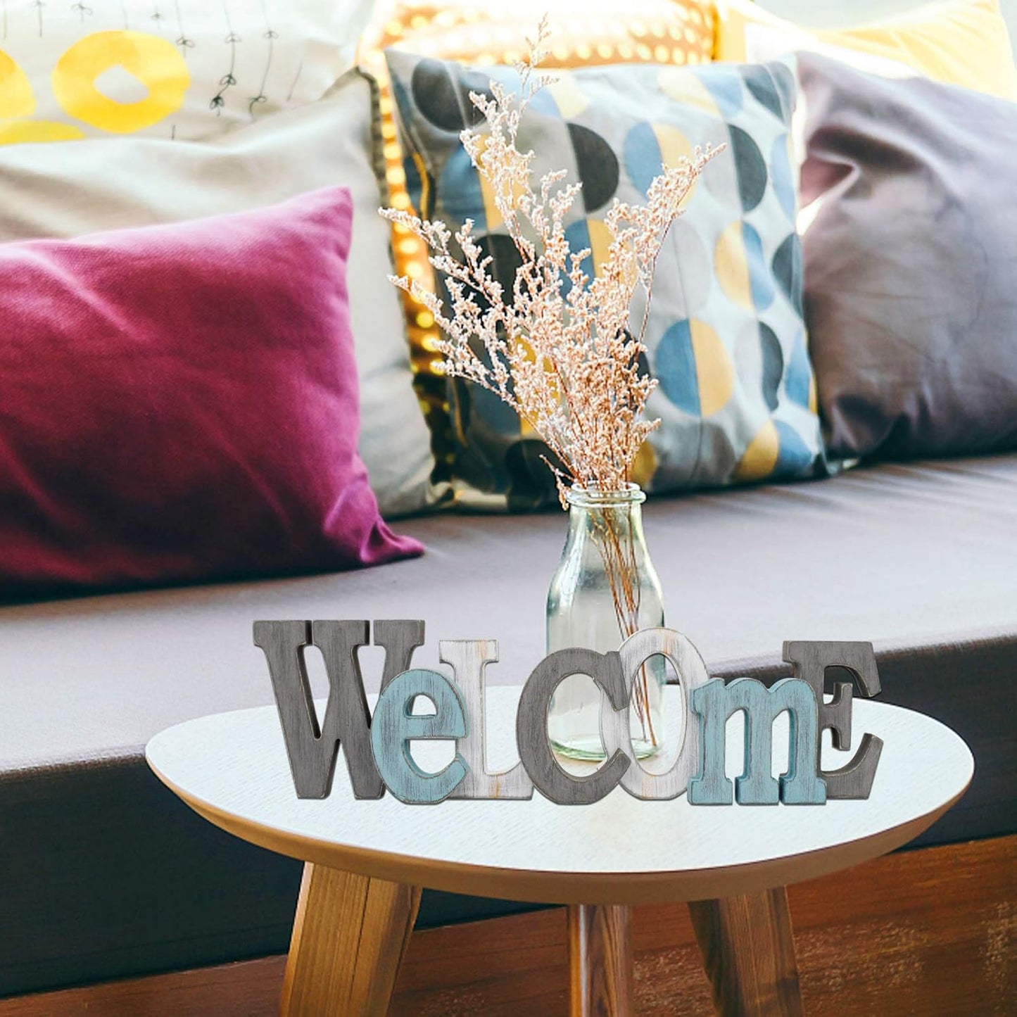 Rustic Wood Home Sign Décor, Decorative Block Word Sign Home Letters Sign, Hanging Wooden Home Cutout Word Sign Wall Décor Home Wall Decoration (Welcome + Relax)