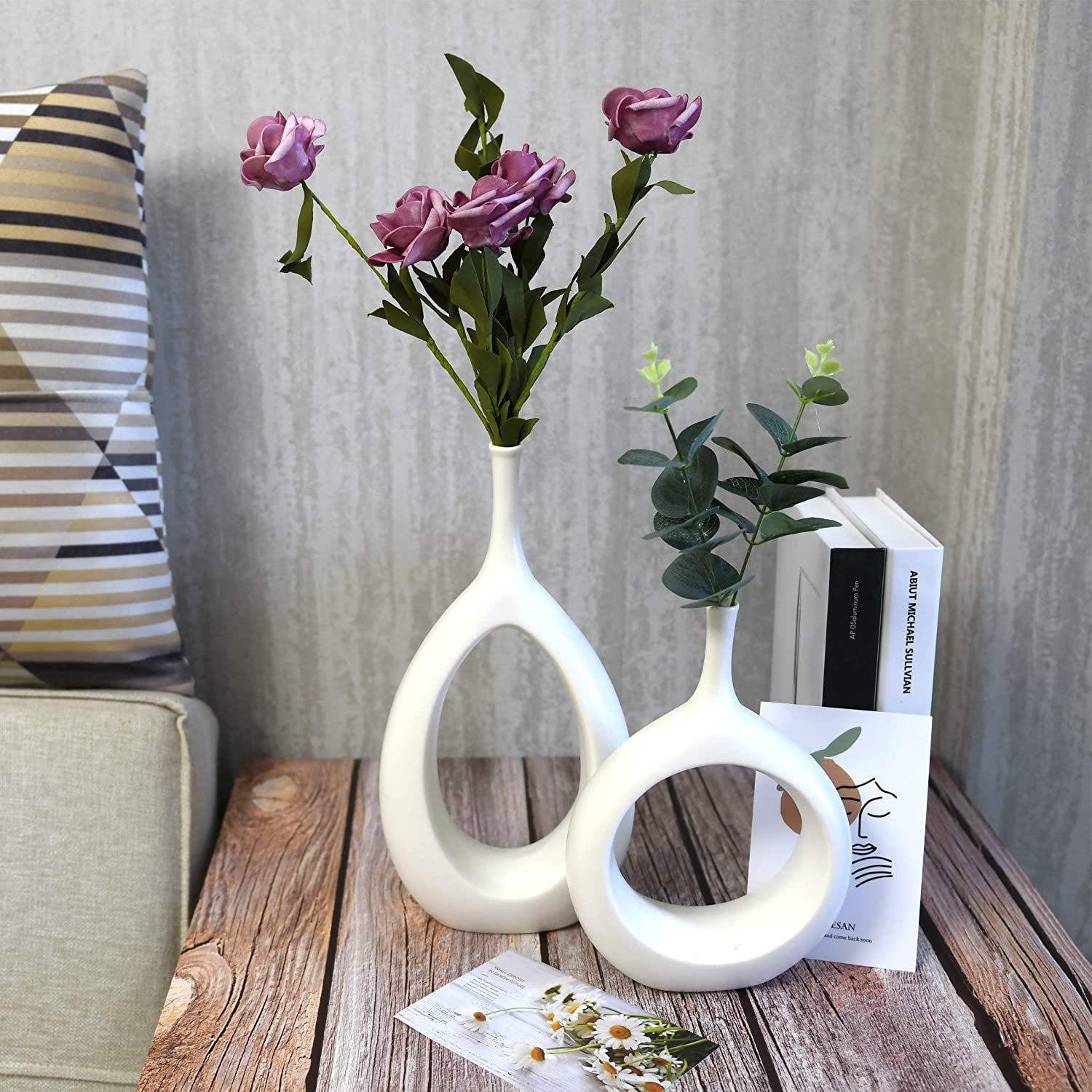 10" White Ceramic Vase for Modern Living Room, Bedroom, Kitchen Decor - Decorative Flower Vase