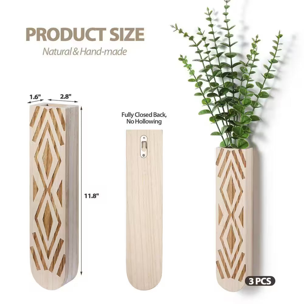 3 Pack Geometric Wall Planter, Natural Paulownia Wood Hanging Vase for Fake Plants/Dried Flowers, Modern Farmhouse Decor