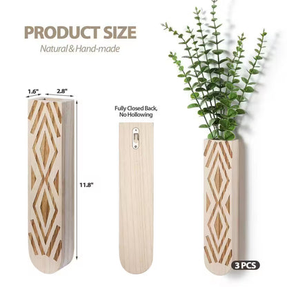 3 Pack Geometric Wall Planter, Natural Paulownia Wood Hanging Vase for Fake Plants/Dried Flowers, Modern Farmhouse Decor
