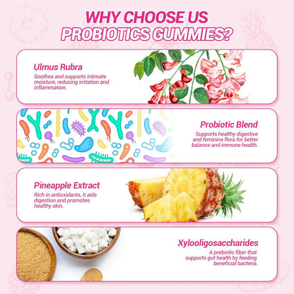 Her Juicy Feminine Probiotics Gummies, Premium Feminine Balance Probiotics with Slippery Elm for Women'S Ph Balance and Freshness – Support Daily Wellness & Comfort 60 Pineapple Gummies