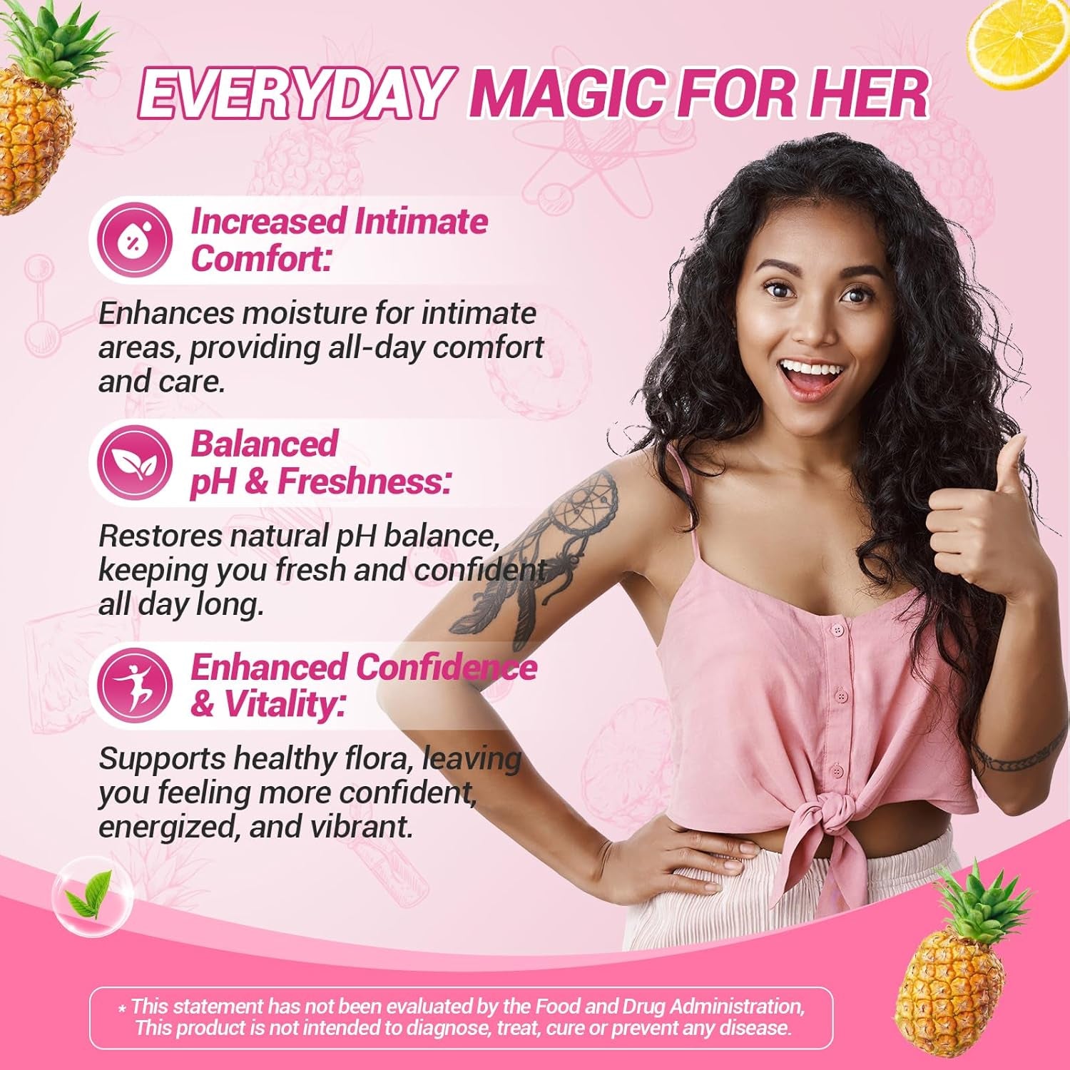 Her Juicy Feminine Probiotics Gummies, Premium Feminine Balance Probiotics with Slippery Elm for Women'S Ph Balance and Freshness – Support Daily Wellness & Comfort 60 Pineapple Gummies