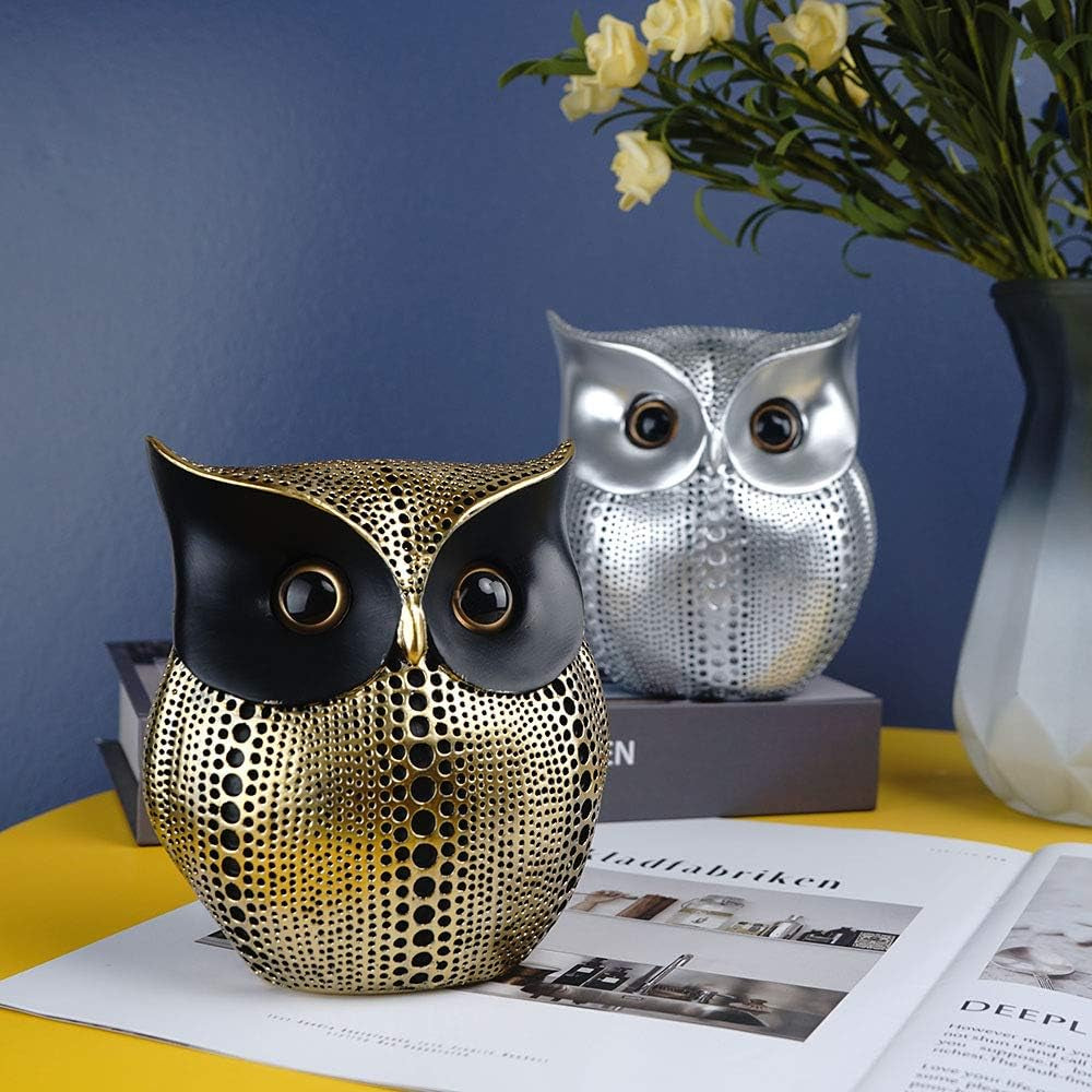 Owl Statue Decor Small Crafted Figurines for Home Decor Accents, Living Room Bedroom Office Decoration, Book Shelf TV Stand Decor - Animal Sculptures Collection (Black Gold + Black)