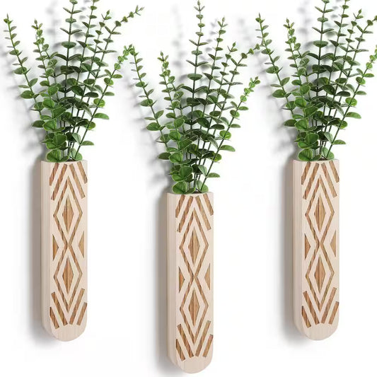 3 Pack Geometric Wall Planter, Natural Paulownia Wood Hanging Vase for Fake Plants/Dried Flowers, Modern Farmhouse Decor