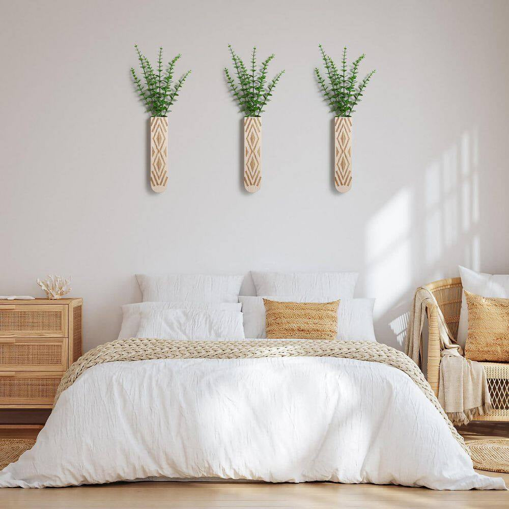 3 Pack Geometric Wall Planter, Natural Paulownia Wood Hanging Vase for Fake Plants/Dried Flowers, Modern Farmhouse Decor