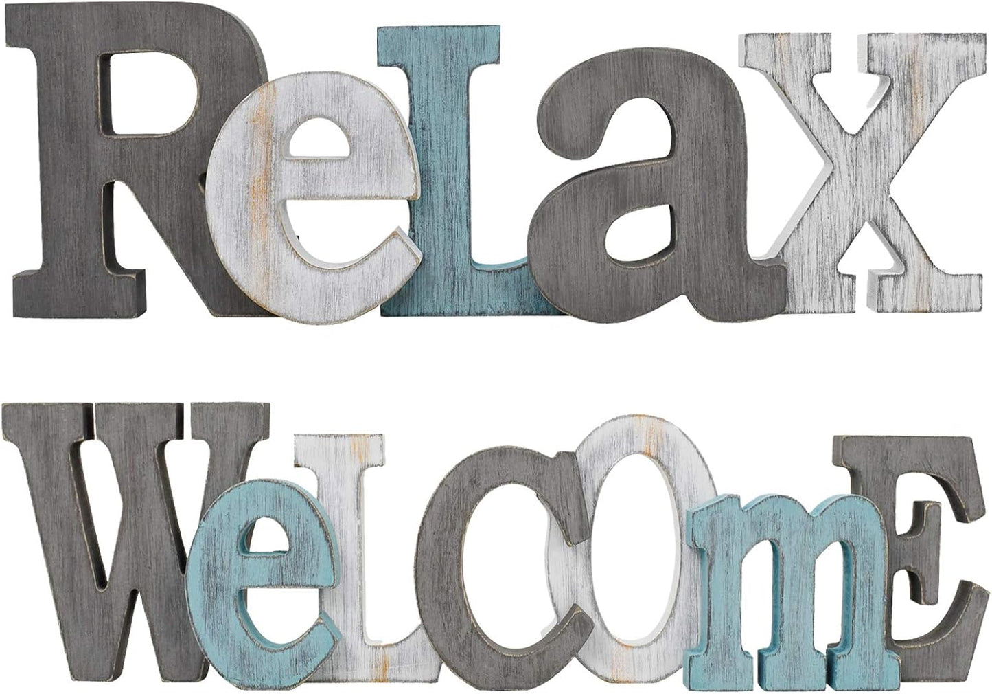 Rustic Wood Home Sign Décor, Decorative Block Word Sign Home Letters Sign, Hanging Wooden Home Cutout Word Sign Wall Décor Home Wall Decoration (Welcome + Relax)