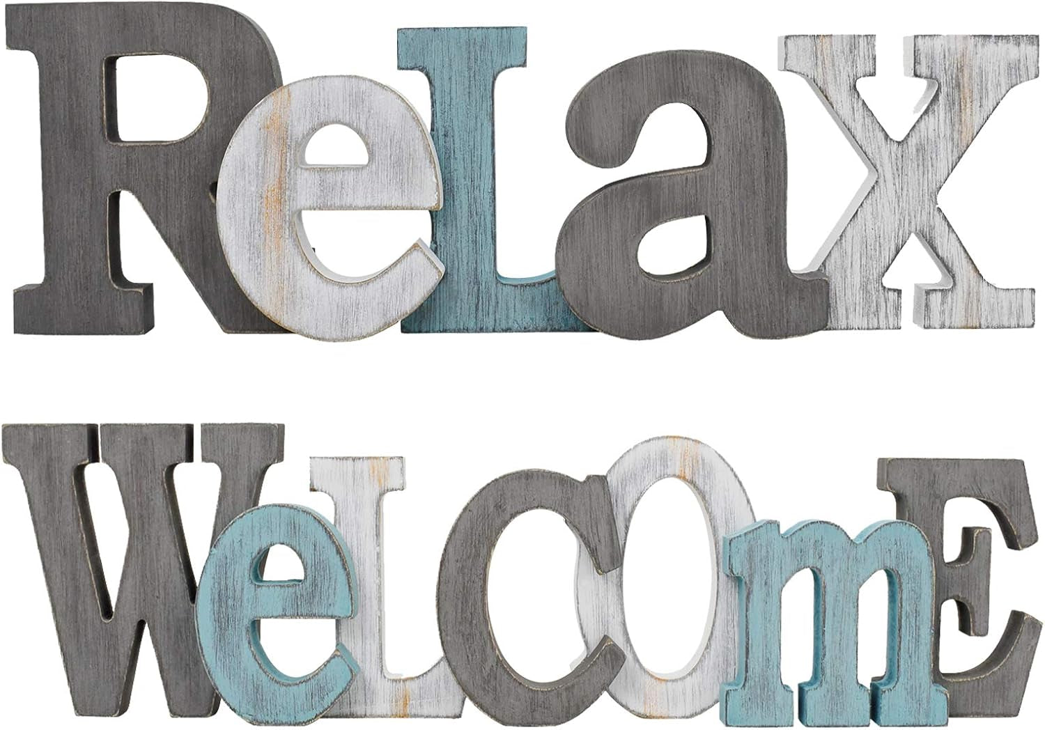 Rustic Wood Home Sign Décor, Decorative Block Word Sign Home Letters Sign, Hanging Wooden Home Cutout Word Sign Wall Décor Home Wall Decoration (Welcome + Relax)