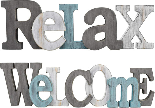 Rustic Wood Home Sign Décor, Decorative Block Word Sign Home Letters Sign, Hanging Wooden Home Cutout Word Sign Wall Décor Home Wall Decoration (Welcome + Relax)