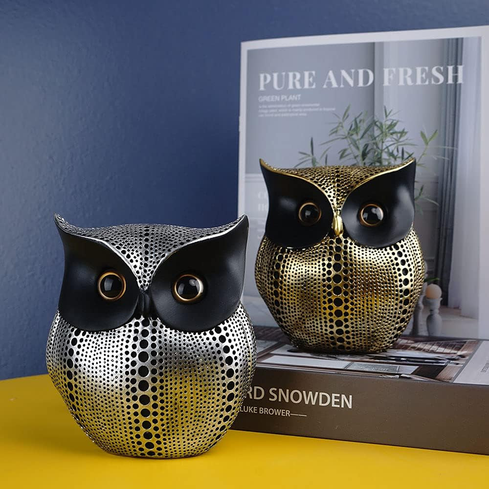 Owl Statue Decor Small Crafted Figurines for Home Decor Accents, Living Room Bedroom Office Decoration, Book Shelf TV Stand Decor - Animal Sculptures Collection (Black Gold + Black)