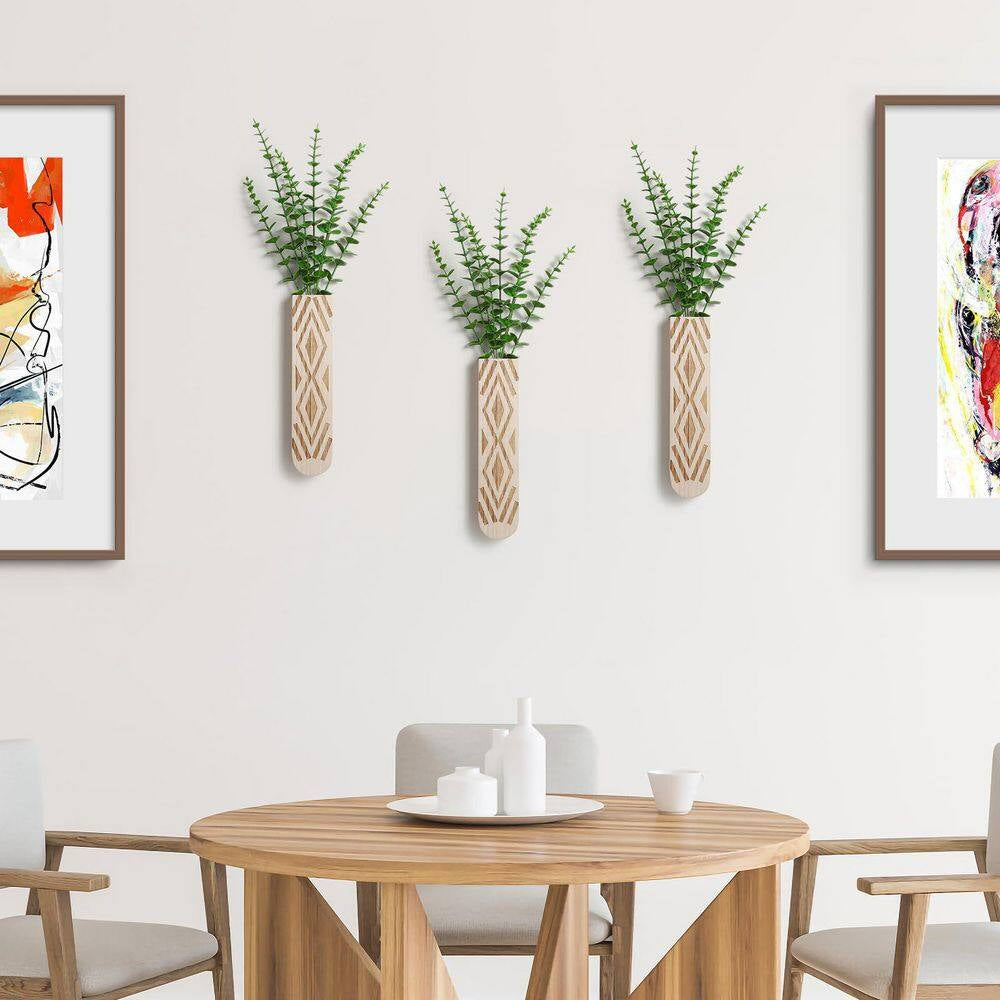 3 Pack Geometric Wall Planter, Natural Paulownia Wood Hanging Vase for Fake Plants/Dried Flowers, Modern Farmhouse Decor