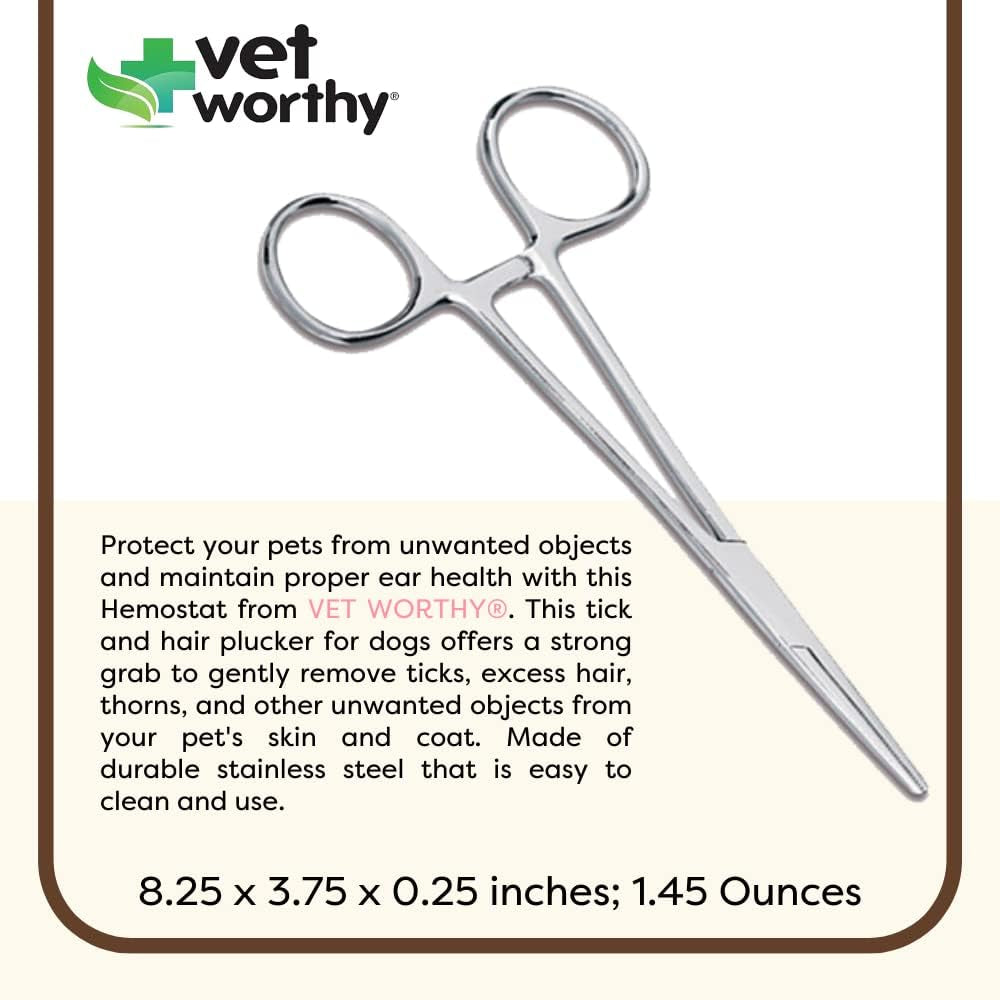 Pet Hemostat - Stainless Steel Straight Hemostat to Remove Excess Hair, Burrs, Thorns - Professional Pet Grooming Tool for Cats and Dogs