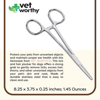 Pet Hemostat - Stainless Steel Straight Hemostat to Remove Excess Hair, Burrs, Thorns - Professional Pet Grooming Tool for Cats and Dogs