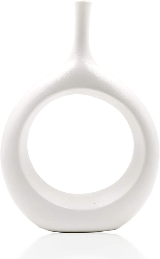 10" White Ceramic Vase for Modern Living Room, Bedroom, Kitchen Decor - Decorative Flower Vase