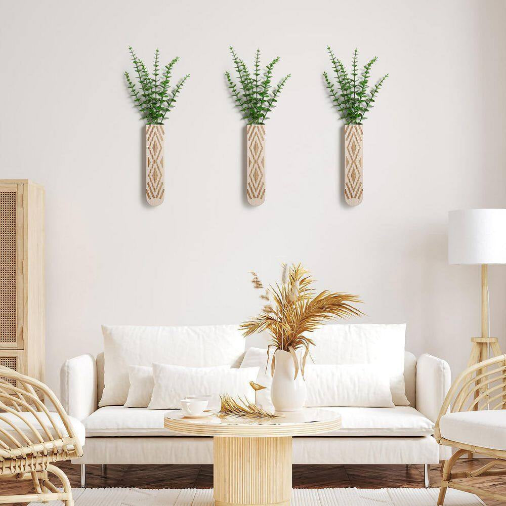 3 Pack Geometric Wall Planter, Natural Paulownia Wood Hanging Vase for Fake Plants/Dried Flowers, Modern Farmhouse Decor