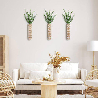 3 Pack Geometric Wall Planter, Natural Paulownia Wood Hanging Vase for Fake Plants/Dried Flowers, Modern Farmhouse Decor